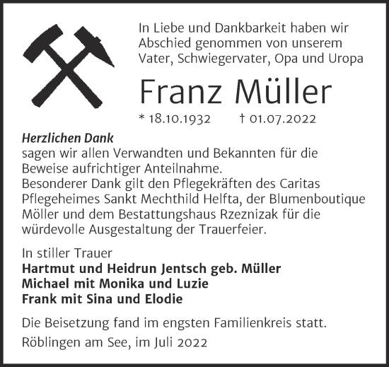 Traueranzeige von Franz Müller von Trauerkombi Mansfelder Land