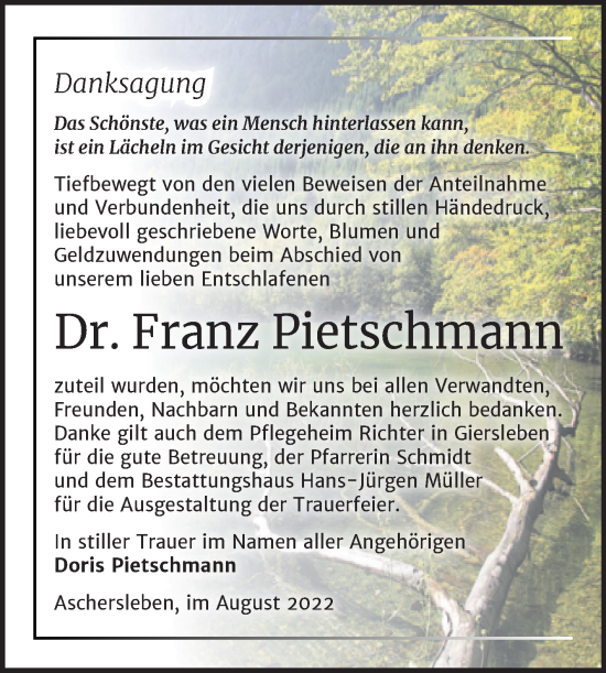 Traueranzeige von Franz Pietschmann von Trauerkombi Aschersleben