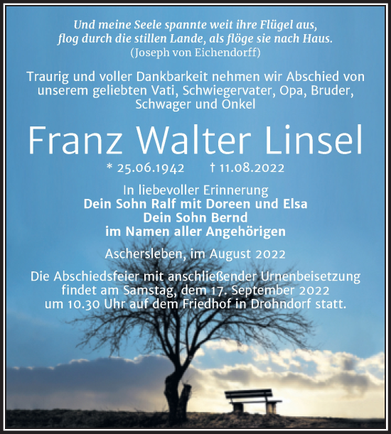Traueranzeige von Franz Walter Linsel von Trauerkombi Aschersleben