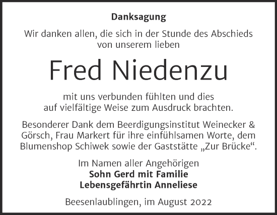 Traueranzeige von Fred Niedenzu von Trauerkombi Bernburg