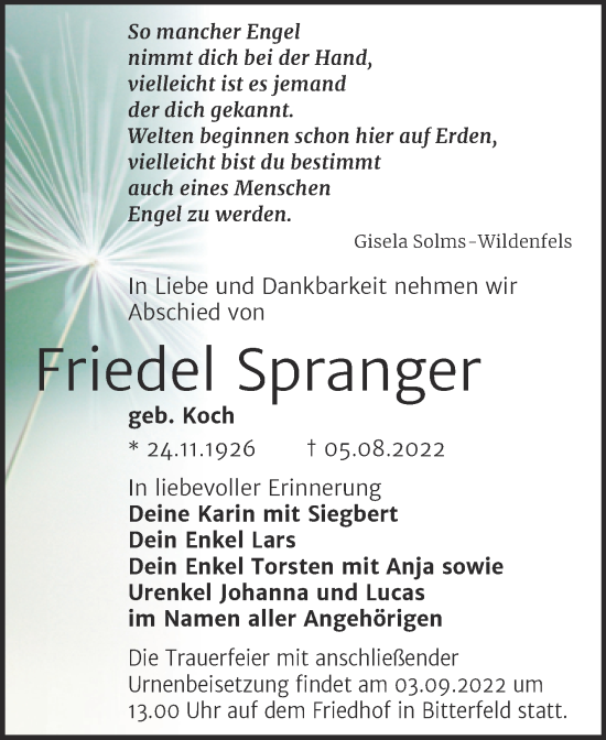 Traueranzeige von Friedel Spranger von Trauerkombi Bitterfeld