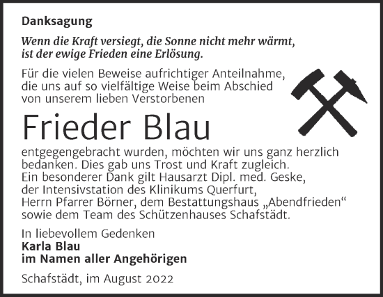 Traueranzeige von Frieder Blau von Trauerkombi Merseburg