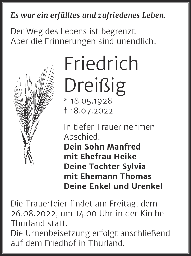  Traueranzeige für Friedrich Dreißig vom 03.08.2022 aus Trauerkombi Köthen