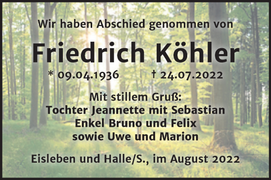 Traueranzeige von Friedrich Köhler von Trauerkombi Mansfelder Land