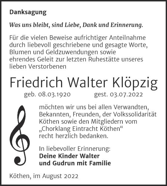 Traueranzeige von Friedrich Walter Klöpzig von Trauerkombi Köthen