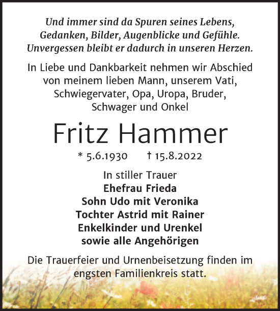 Traueranzeige von Fritz Hammer von Trauerkombi Köthen