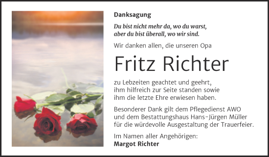 Traueranzeige von Fritz Richter von Trauerkombi Aschersleben