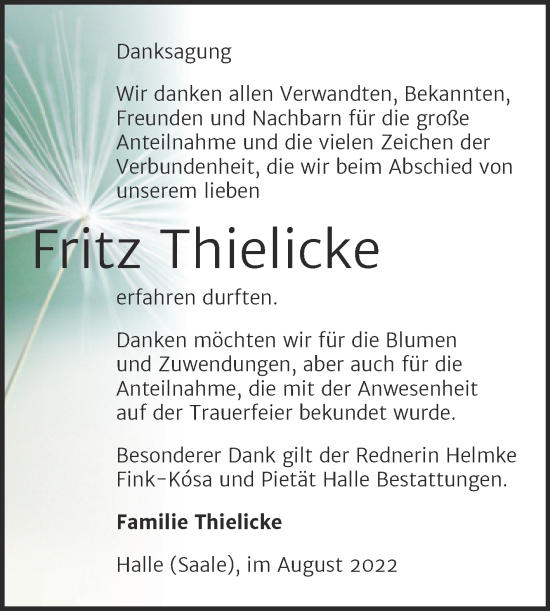 Traueranzeige von Fritz Thielicke von Mitteldeutsche Zeitung Halle/Saalkreis