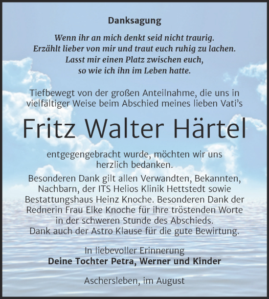 Traueranzeige von Fritz Walter Härtel von Trauerkombi Aschersleben