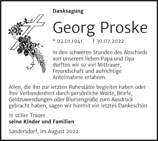 Traueranzeige von Georg Proske von Trauerkombi Bitterfeld
