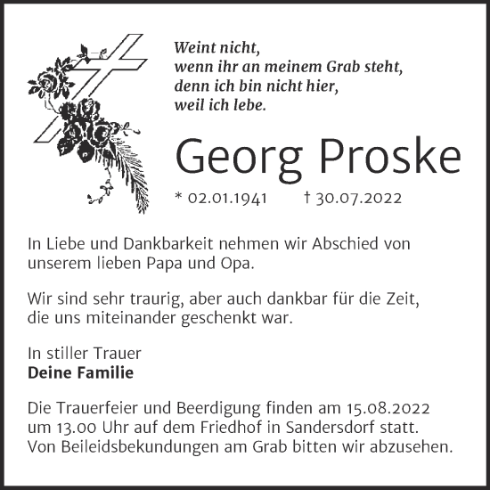 Traueranzeige von Georg Proske von Trauerkombi Bitterfeld