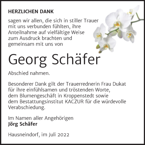 Traueranzeige von Georg Schäfer von Trauerkombi Quedlinburg