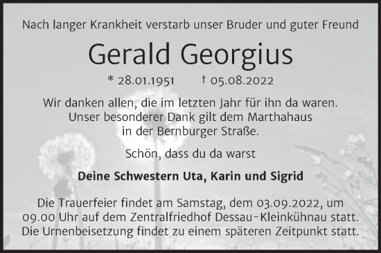 Traueranzeige von Gerald Georgius von Trauerkombi Dessau