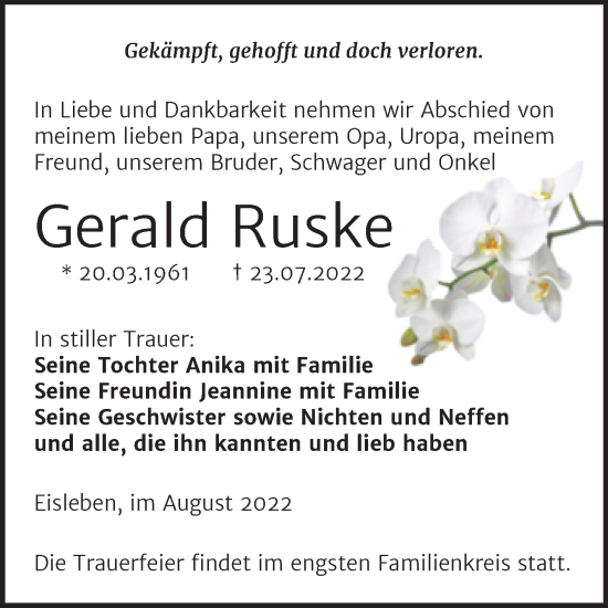 Traueranzeige von Gerald Ruske von Trauerkombi Mansfelder Land