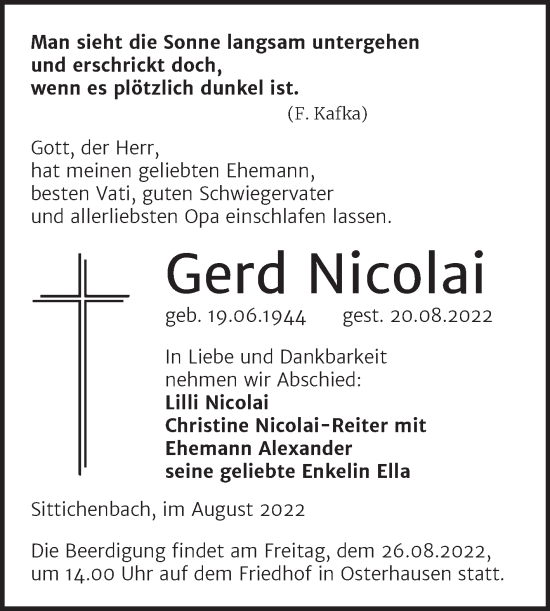 Traueranzeige von Gerd Nicolai von Mitteldeutsche Zeitung Mansfelder Land