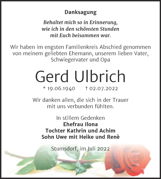 Traueranzeige von Gerd Ulbrich von Trauerkombi Bitterfeld