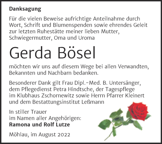 Traueranzeige von Gerda Bösel von Trauerkombi Wittenberg