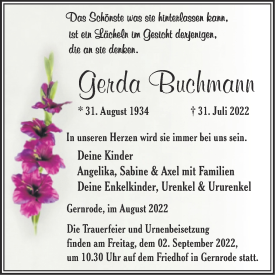 Traueranzeige von Gerda Buchmann von Trauerkombi Quedlinburg