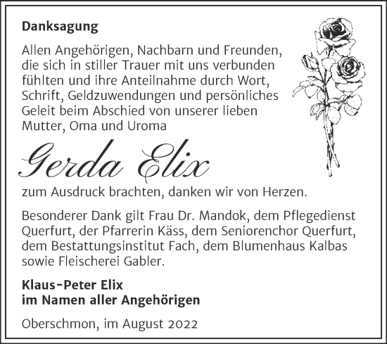 Traueranzeige von Gerda Elix von Trauerkombi Merseburg