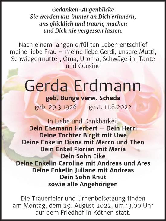 Traueranzeige von Gerda Erdmann von Trauerkombi Köthen