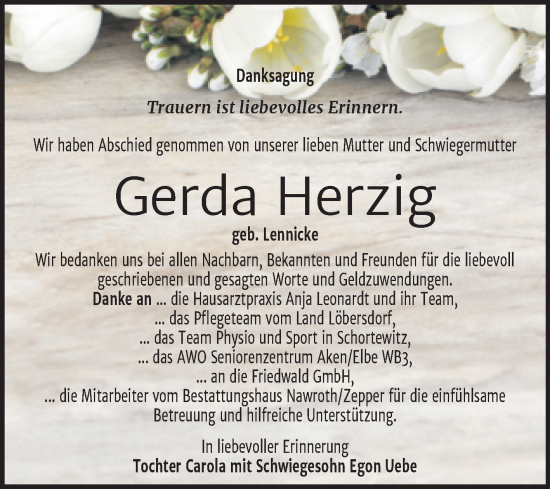 Traueranzeige von Gerda Herzig von Trauerkombi Köthen