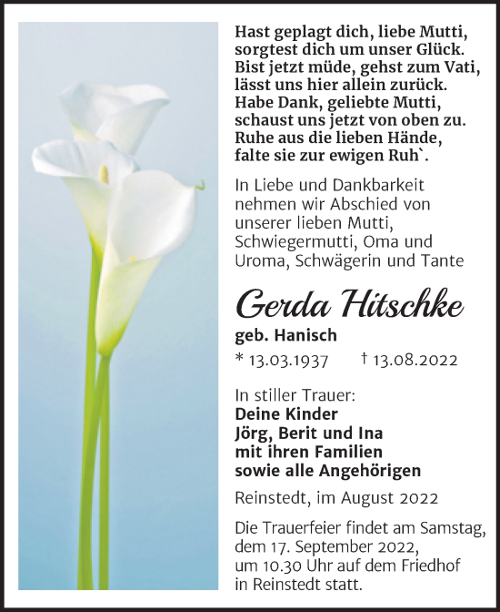 Traueranzeige von Gerda Hitschke von Trauerkombi Aschersleben