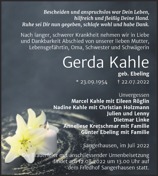 Traueranzeige von Gerda Kahle von Trauerkombi Sangerhausen