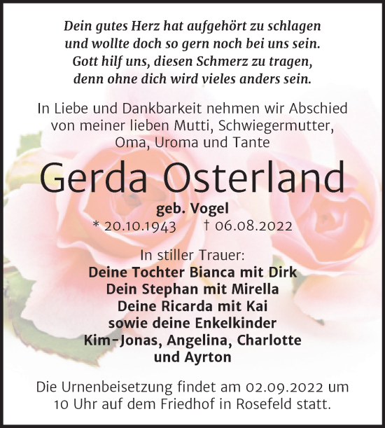 Traueranzeige von Gerda Osterland von Trauerkombi Köthen