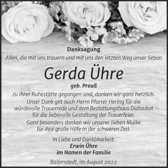 Traueranzeige von Gerda Ühre von Trauerkombi Quedlinburg
