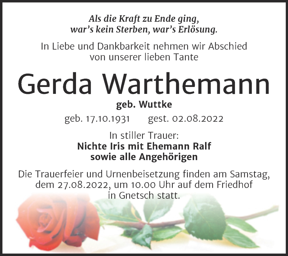  Traueranzeige für Gerda Warthemann vom 13.08.2022 aus Trauerkombi Köthen