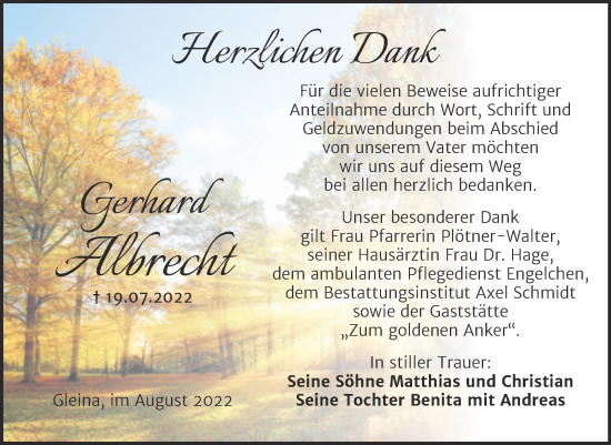Traueranzeige von Gerhard Albrecht von Wochenspiegel Naumburg/Nebra