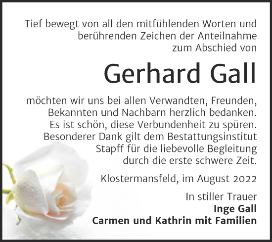 Traueranzeige von Gerhard Gall von Trauerkombi Mansfelder Land