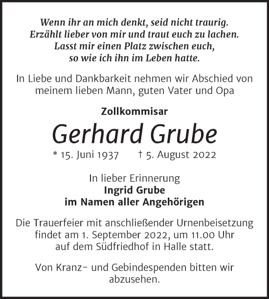 Traueranzeige von Gerhard Grube von Mitteldeutsche Zeitung Halle/Saalkreis