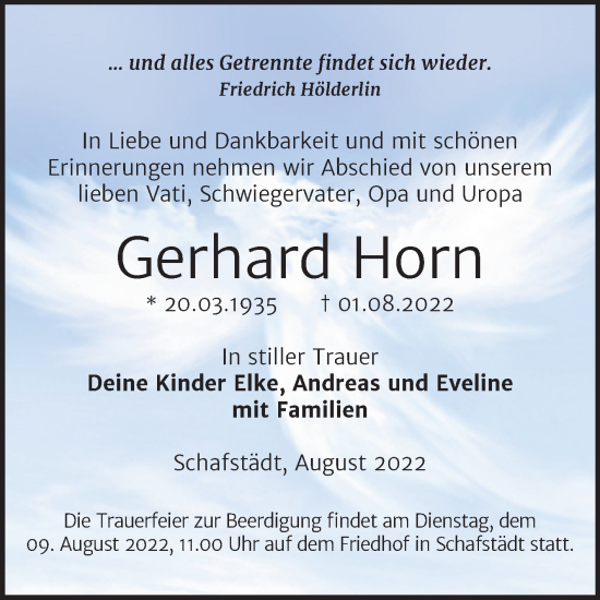 Traueranzeige von Gerhard Horn von Trauerkombi Merseburg