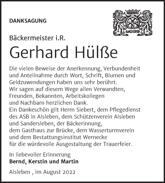 Traueranzeige von Gerhard Hülße von Trauerkombi Bernburg