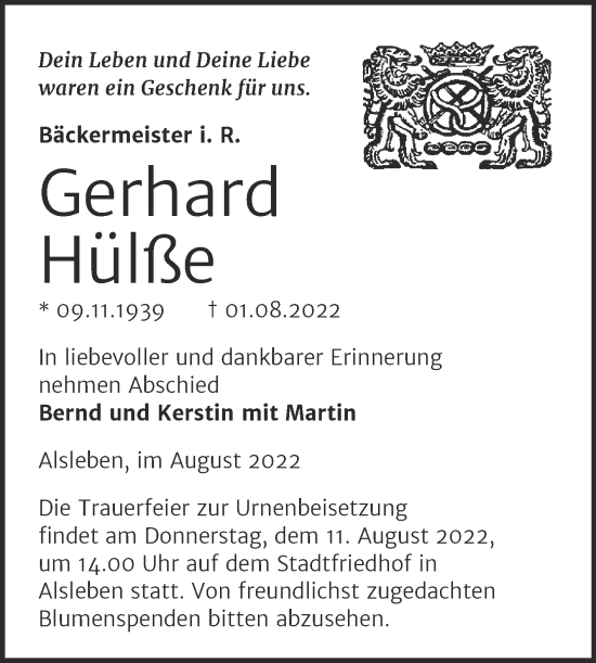Traueranzeige von Gerhard Hülße von Trauerkombi Bernburg
