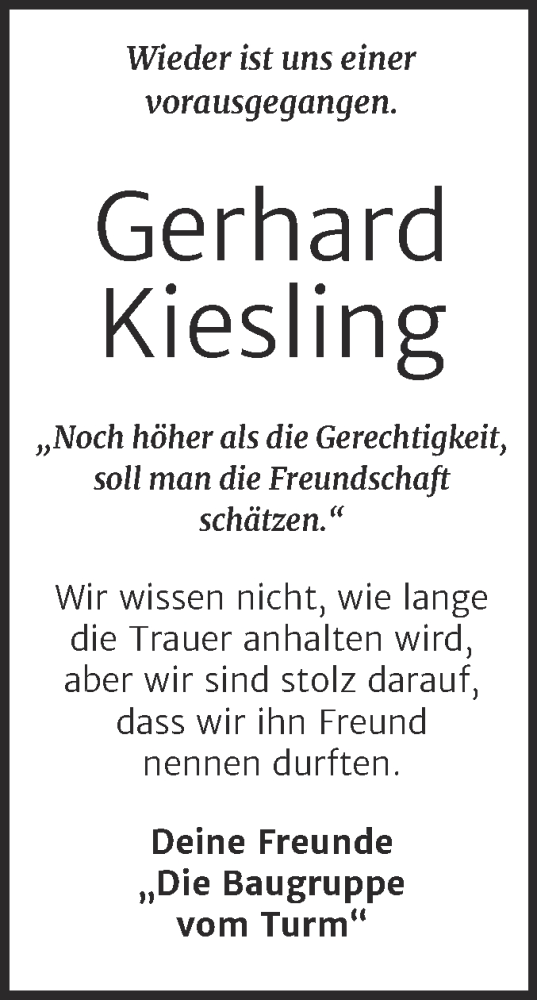 Traueranzeige von Gerhard Kiesling von Mitteldeutsche Zeitung Halle/Saalkreis