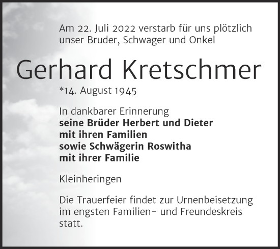 Traueranzeige von Gerhard Kretschmer von Wochenspiegel Naumburg/Nebra
