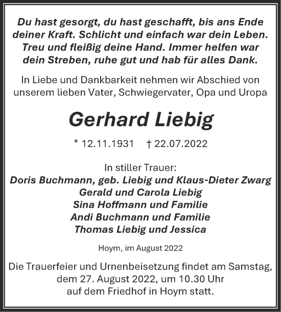 Traueranzeige von Gerhard Liebig von Trauerkombi Aschersleben