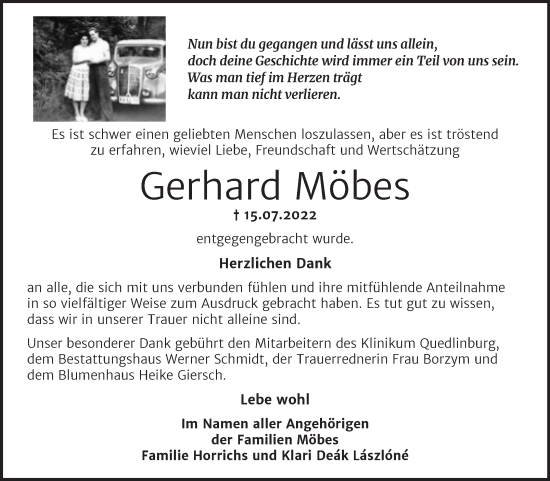 Traueranzeige von Gerhard Möbes von Mitteldeutsche Zeitung Quedlingburg