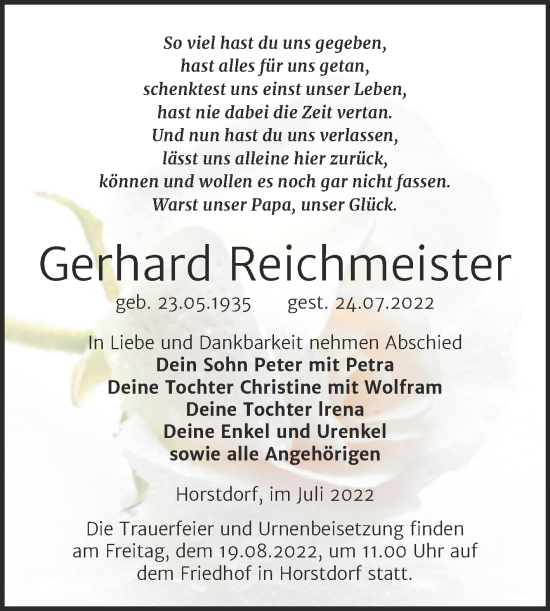 Traueranzeige von Gerhard Reichmeister von Trauerkombi Wittenberg