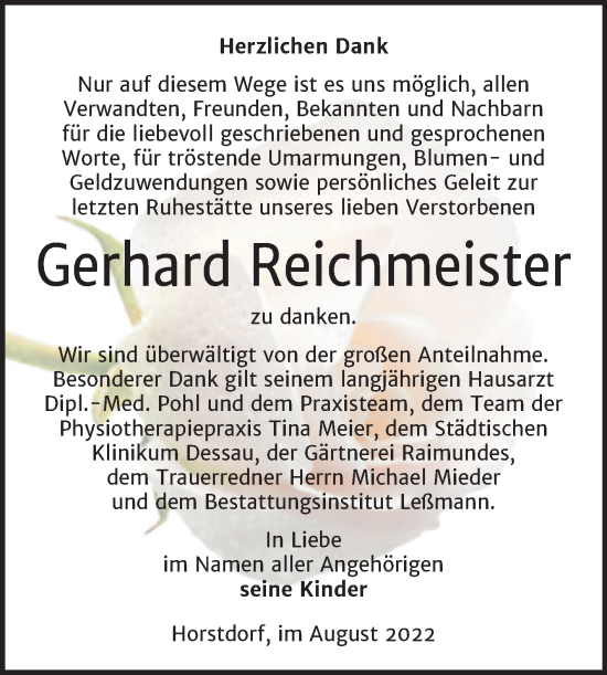 Traueranzeige von Gerhard Reichmeister von Trauerkombi Wittenberg