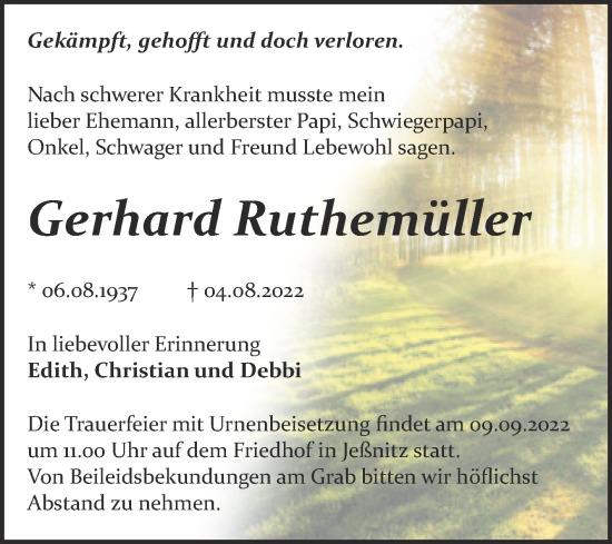 Traueranzeige von Gerhard Ruthemüller von Trauerkombi Bitterfeld