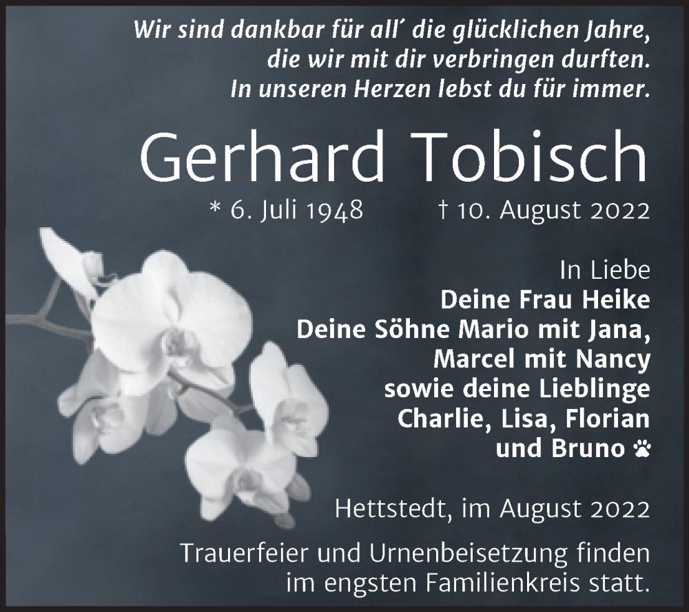 Traueranzeige für Gerhard Tobisch vom 24.08.2022 aus Trauerkombi Mansfelder Land