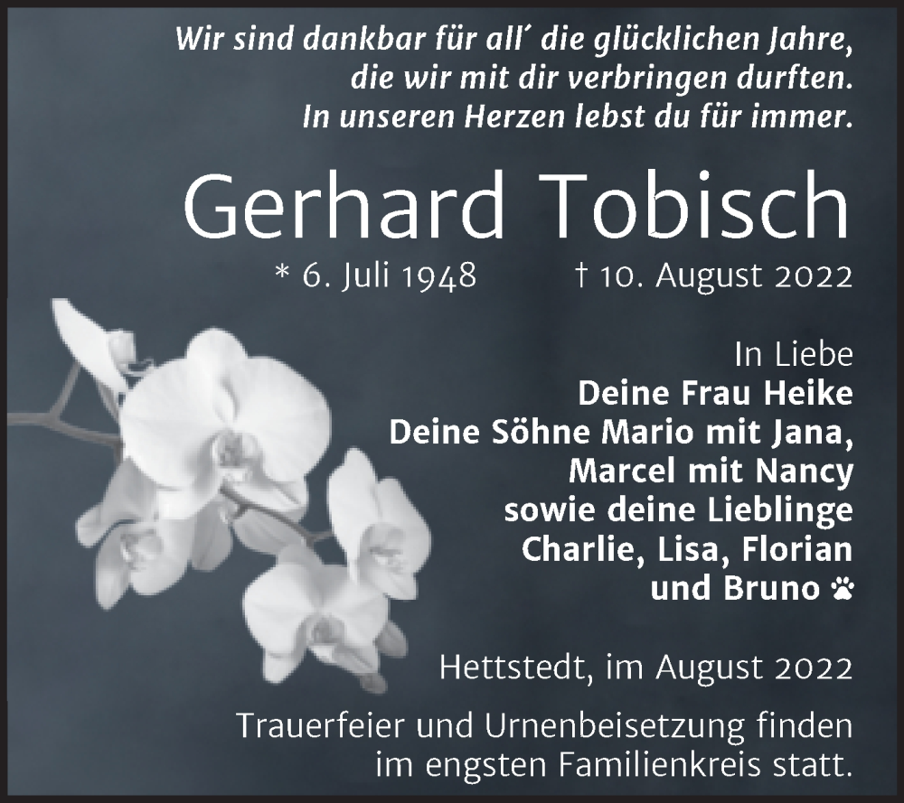  Traueranzeige für Gerhard Tobisch vom 18.08.2022 aus Trauerkombi Mansfelder Land