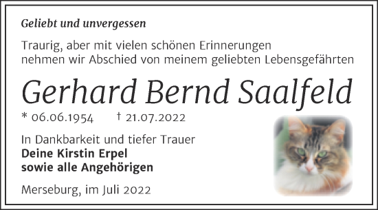 Traueranzeige von Gerhard Bernd Saalfeld von Trauerkombi Merseburg