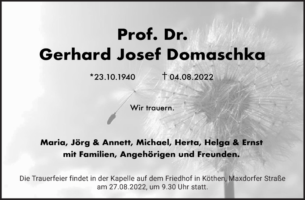  Traueranzeige für Gerhard Josef Domaschka vom 20.08.2022 aus Trauerkombi Bitterfeld