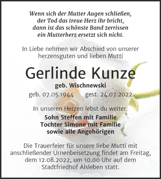 Traueranzeige von Gerlinde Kunze von Trauerkombi Bernburg
