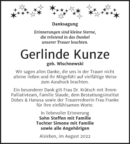 Traueranzeige von Gerlinde Kunze von Trauerkombi Bernburg