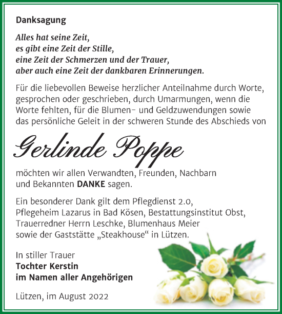 Traueranzeige von Gerlinde Poppe von Trauerkombi Weißenfels